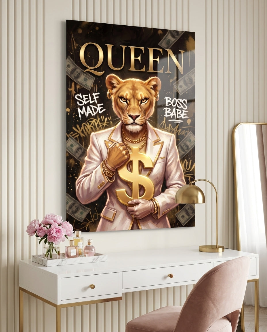 Queen Suited Lioness Gold Dollar Glass Wall Art