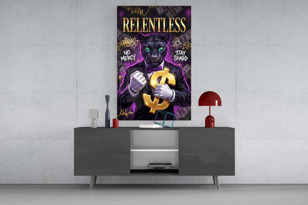 suited green-eyed panther with a gold dollar sign glass wall art displayed above a console in a designer interior
