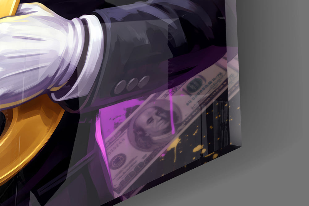 Close-up detail of the glowing green eyes and gilded dollar sign on the glass surface