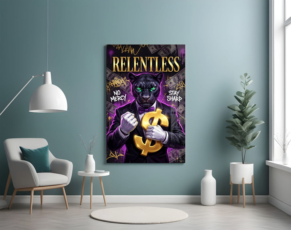 suited green-eyed panther with a gold dollar sign glass wall art styled above an armchair in a reading corner