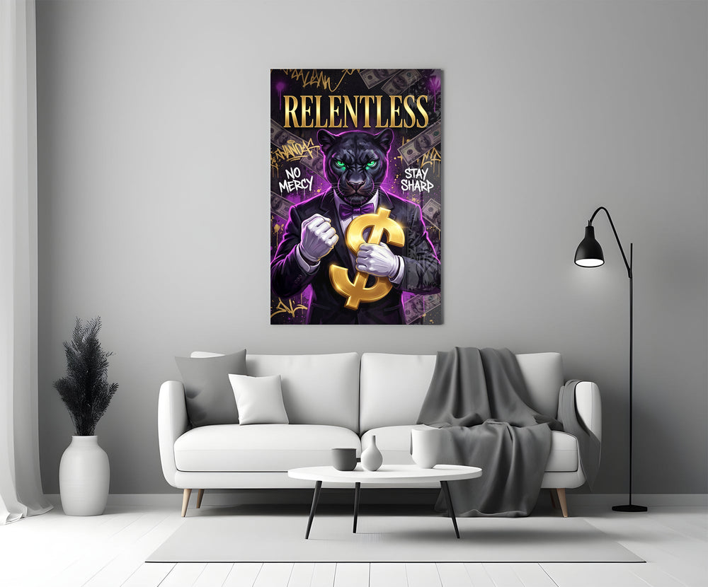 suited green-eyed panther with a gold dollar sign panel bringing character to a minimalist living room wall