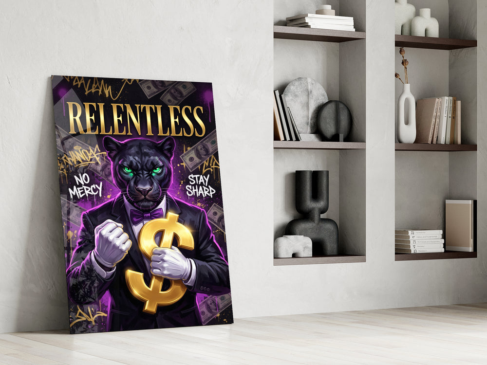 suited green-eyed panther with a gold dollar sign panel resting in a shelving niche in a modern interior