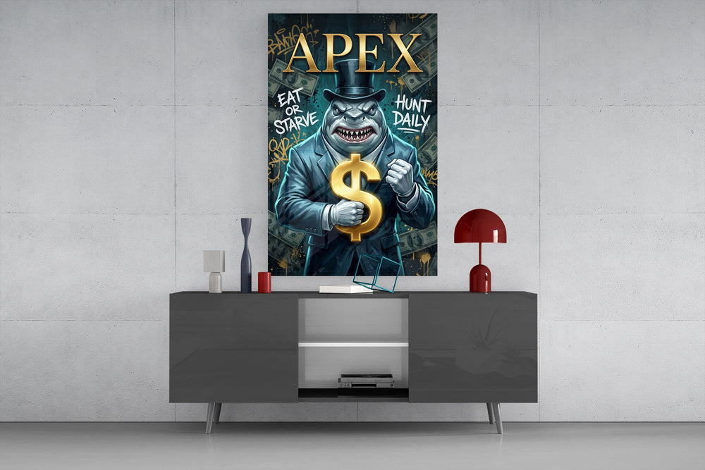 suited shark with a gold dollar sign glass wall art displayed above a console in a designer interior