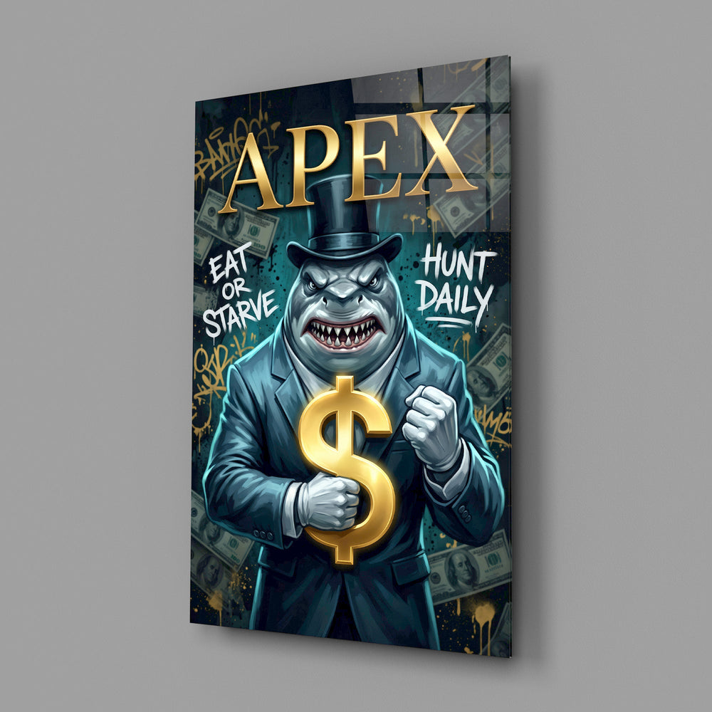 suited shark with a gold dollar sign glass wall art angled to show the polished tempered glass panel