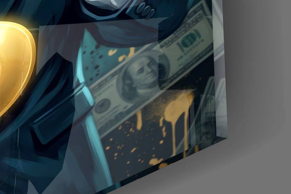 Close-up detail of the bared teeth and gilded dollar sign on the glass surface