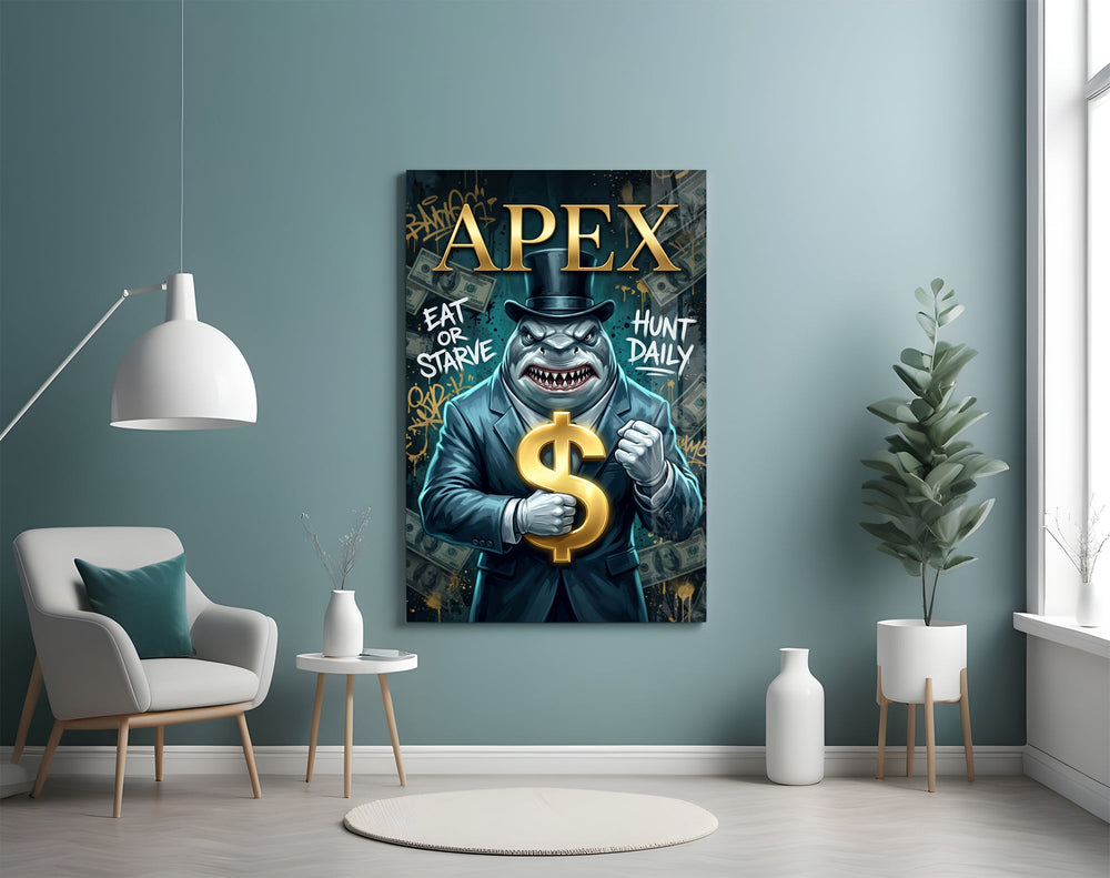 suited shark with a gold dollar sign glass wall art styled above an armchair in a reading corner