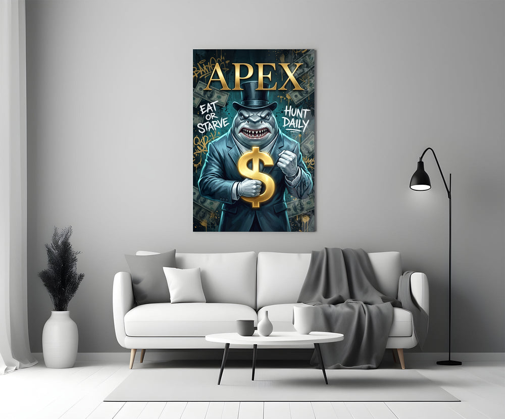 suited shark with a gold dollar sign panel bringing character to a minimalist living room wall