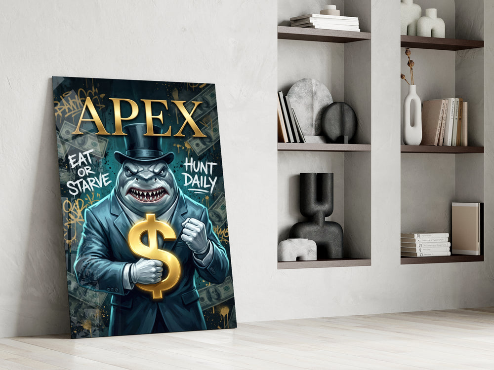 suited shark with a gold dollar sign panel resting in a shelving niche in a modern interior