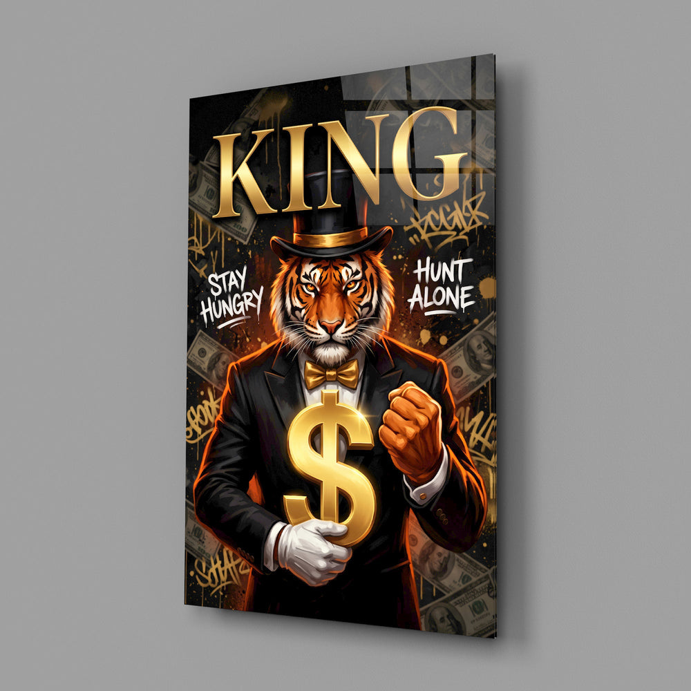 suited tiger with a gold dollar sign glass wall art angled to show the polished tempered glass panel