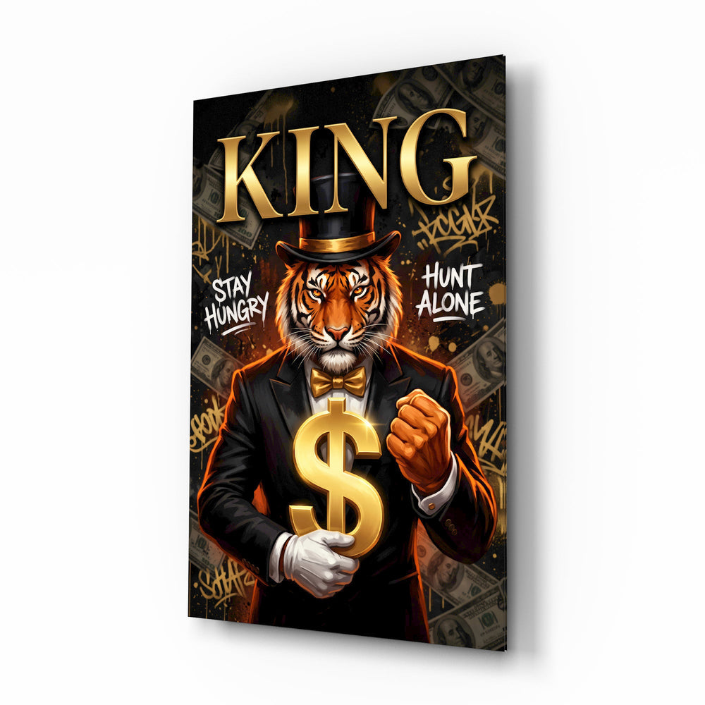 King Suited Tiger Gold Dollar Glass Wall Art - Lifestyle preview in a designer interior