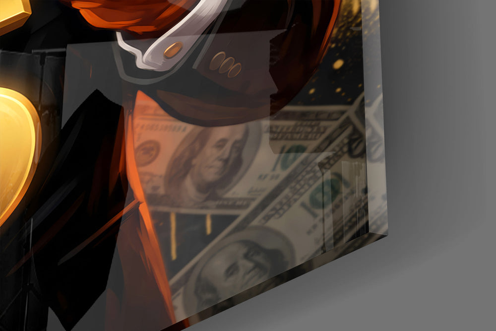 Close-up detail of the fiery orange fur and gilded dollar sign on the glass surface