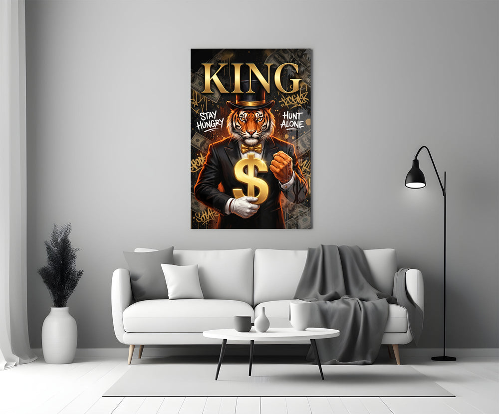 suited tiger with a gold dollar sign panel bringing character to a minimalist living room wall