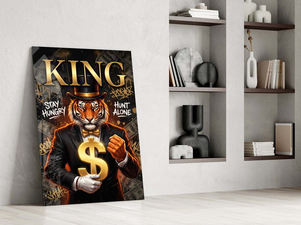 suited tiger with a gold dollar sign panel resting in a shelving niche in a modern interior