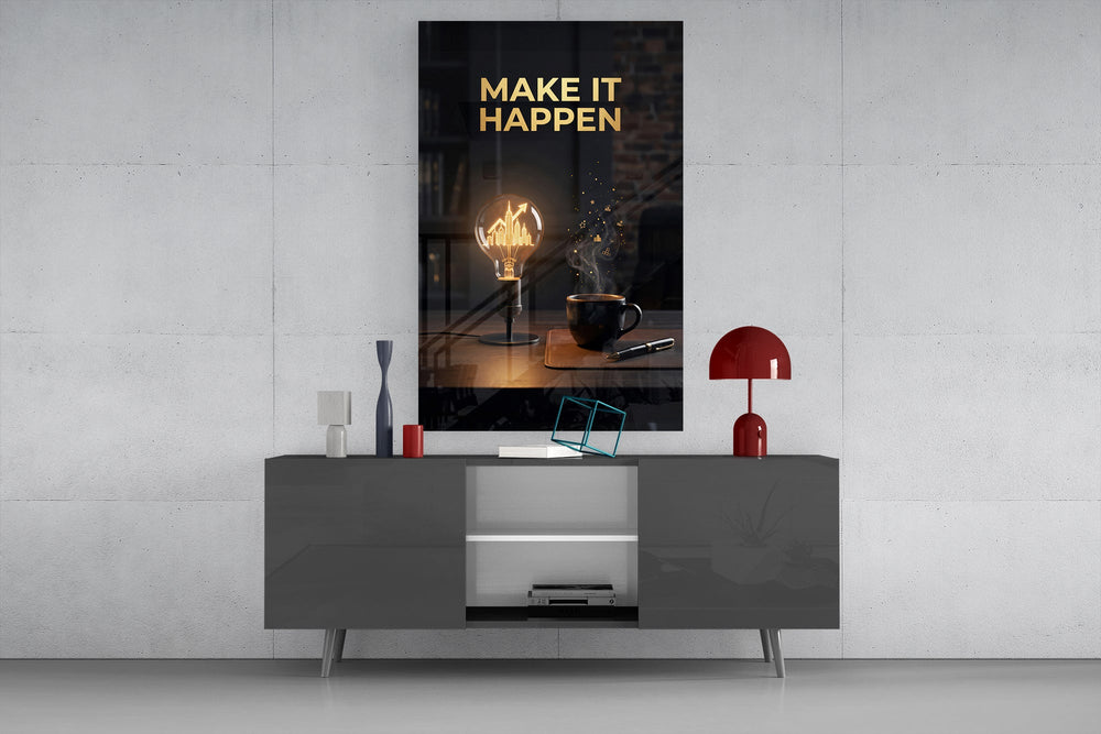 make it happen gold skyline light bulb glass wall art displayed above a console in a designer interior