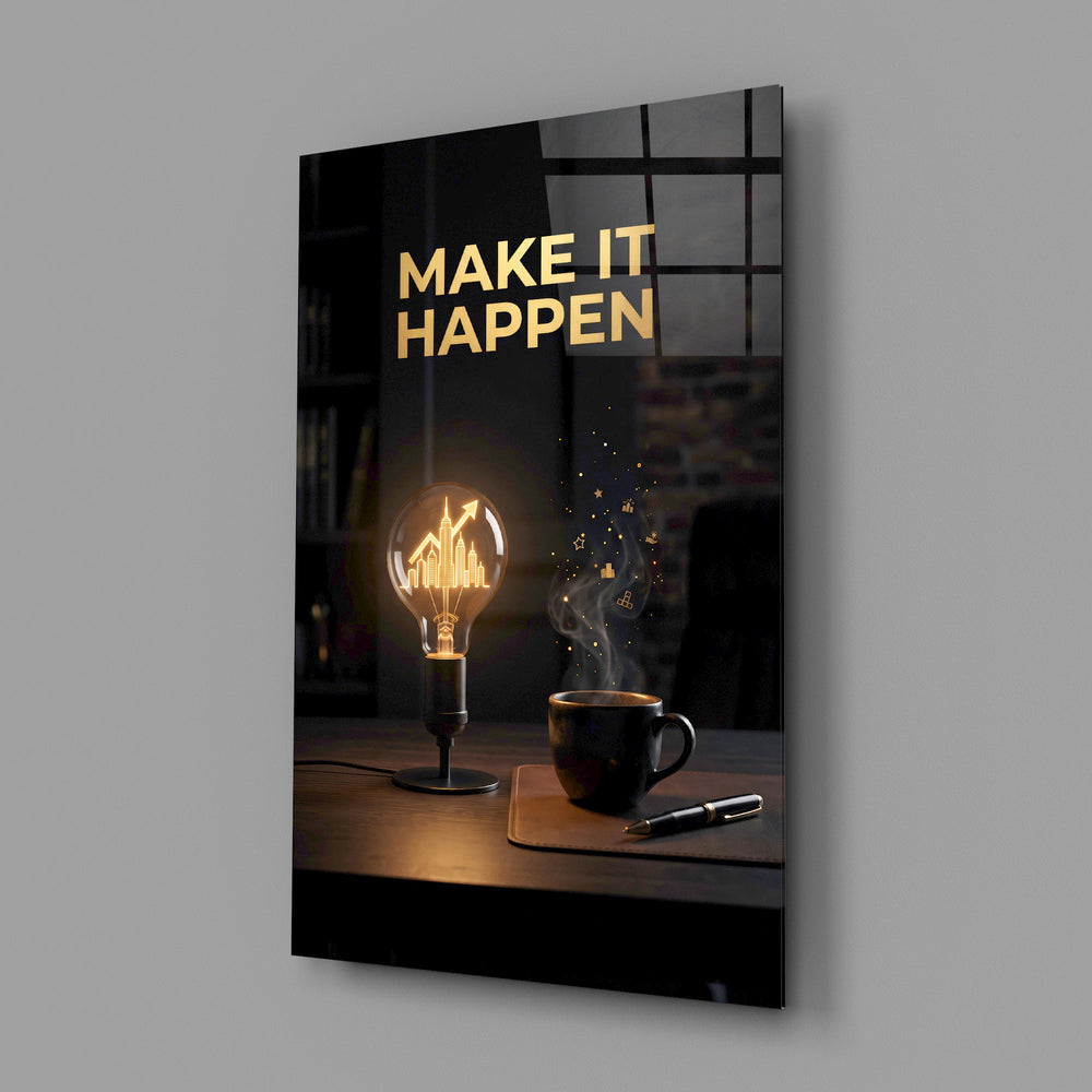 make it happen gold skyline light bulb glass wall art angled to show the polished tempered glass panel