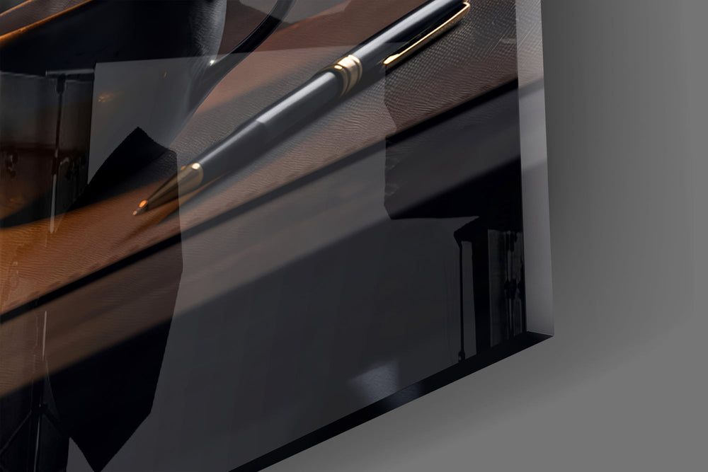 Close-up detail of the glowing city skyline and rising arrow inside the filament on the glass surface