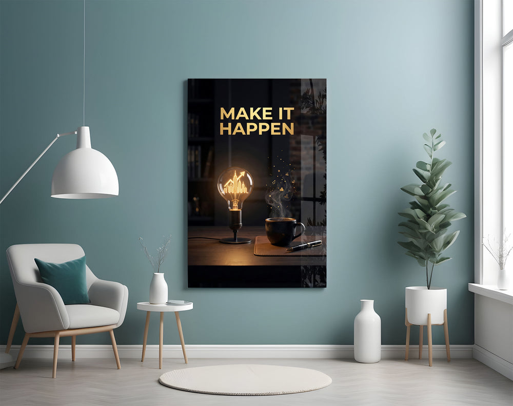 make it happen gold skyline light bulb glass wall art styled above an armchair in a reading corner