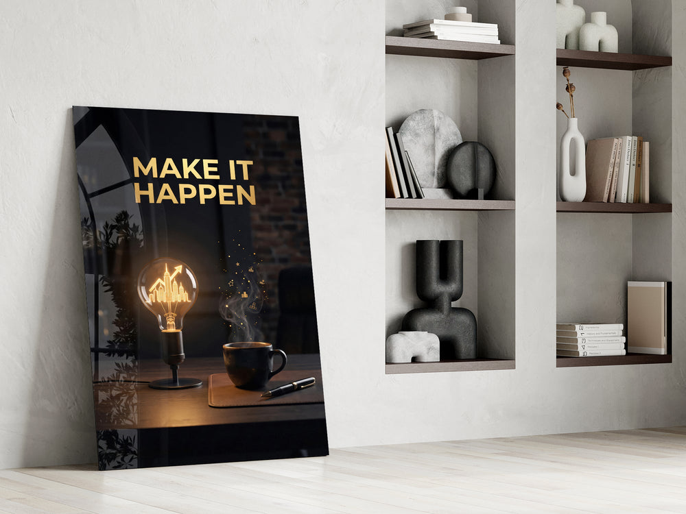 make it happen gold skyline light bulb panel resting in a shelving niche in a modern interior