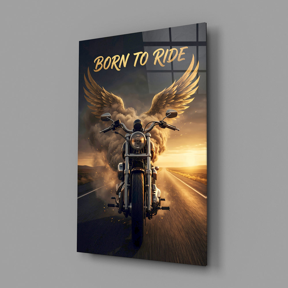 born to ride winged motorcycle glass wall art angled to show the polished tempered glass panel
