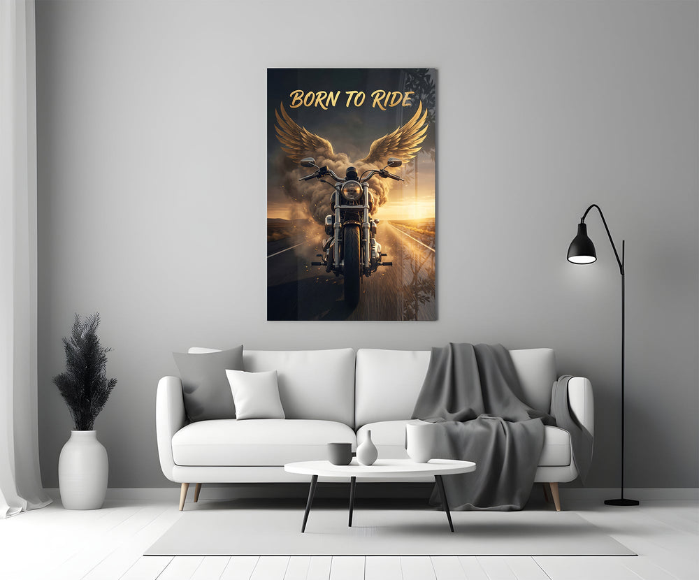 born to ride winged motorcycle panel bringing character to a minimalist living room wall