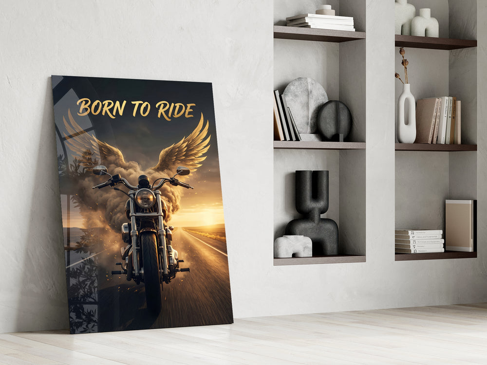 born to ride winged motorcycle panel resting in a shelving niche in a modern interior