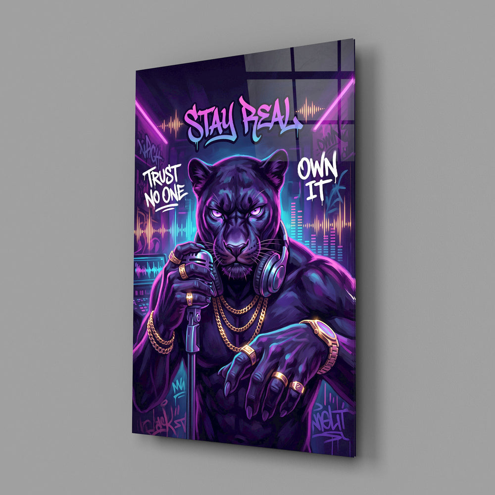stay real neon panther rapper glass wall art angled to show the polished tempered glass panel