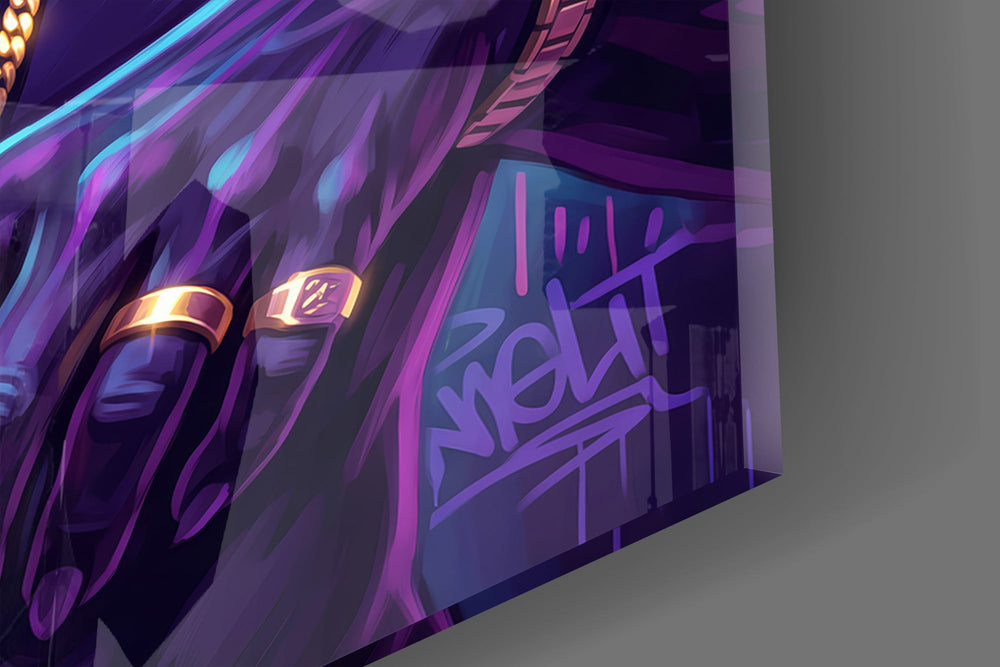 Close-up detail of the gold chains and vintage microphone against the neon studio on the glass surface