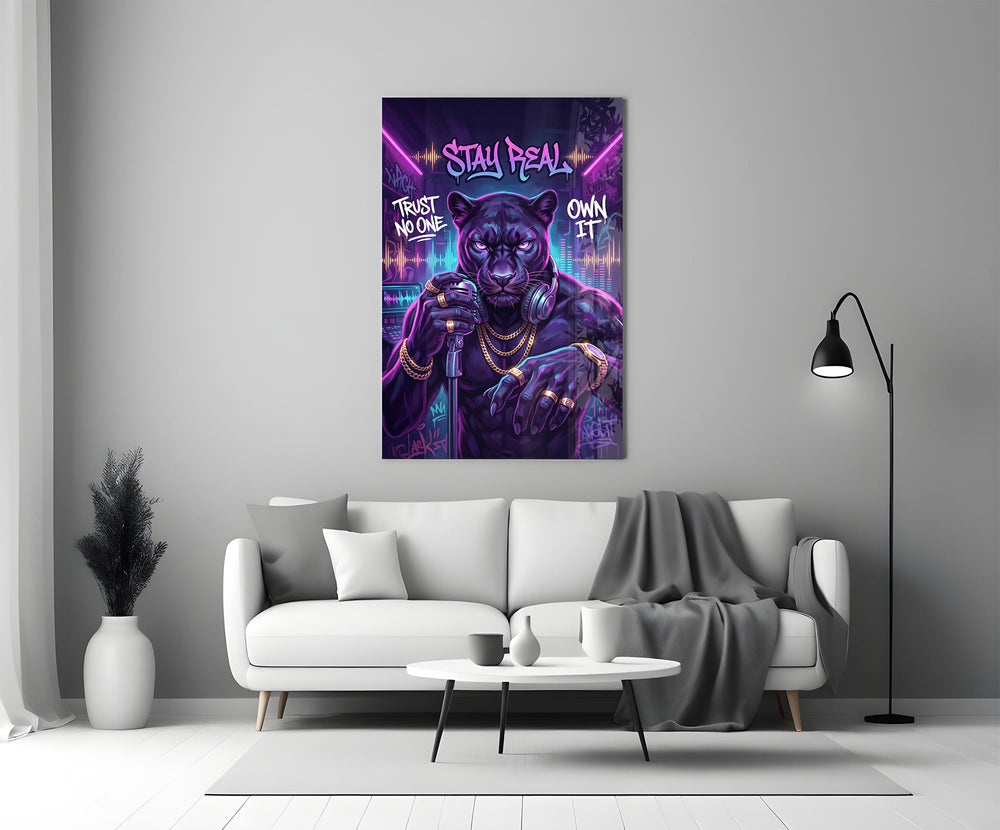 stay real neon panther rapper panel bringing character to a minimalist living room wall