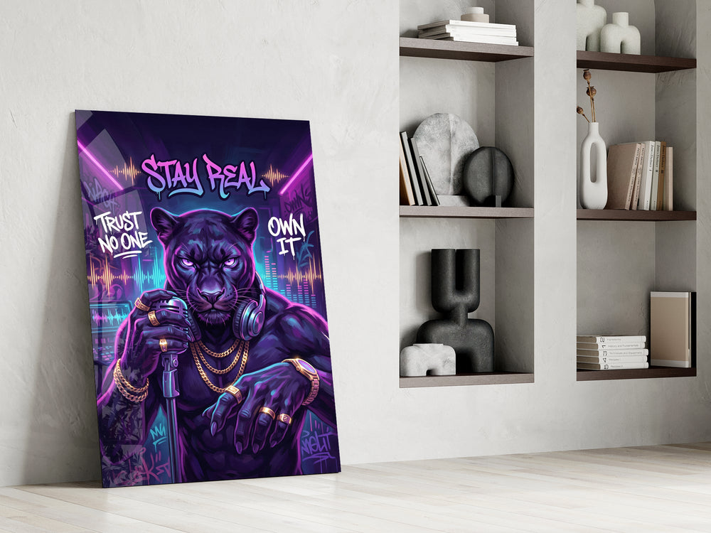 stay real neon panther rapper panel resting in a shelving niche in a modern interior