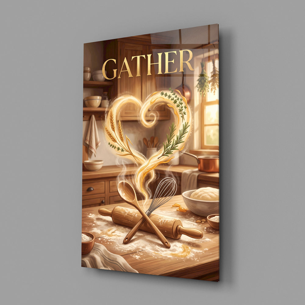 gather golden flour heart kitchen glass wall art angled to show the polished tempered glass panel
