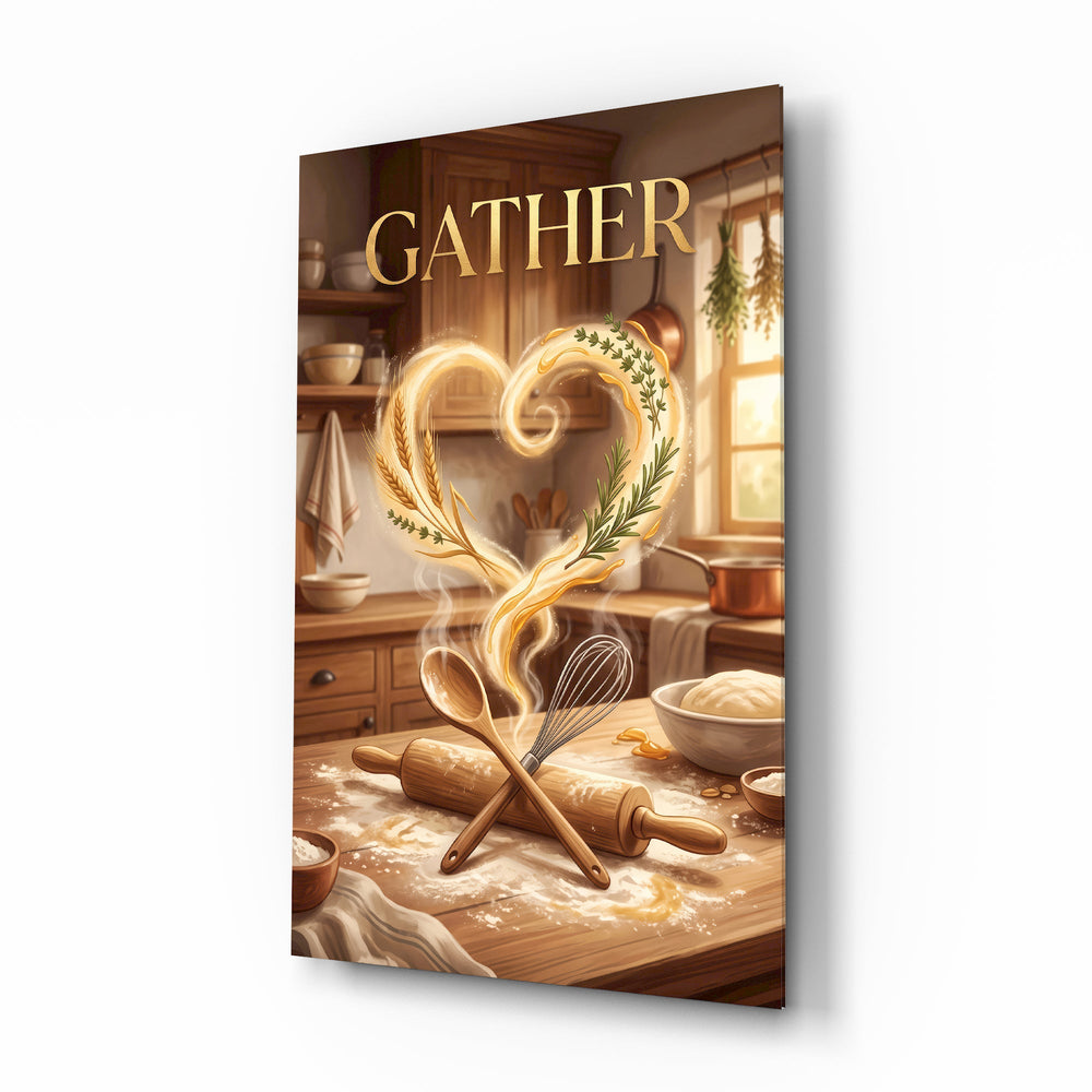 Gather Golden Flour Heart Kitchen Glass Wall Art - Lifestyle preview in a designer interior