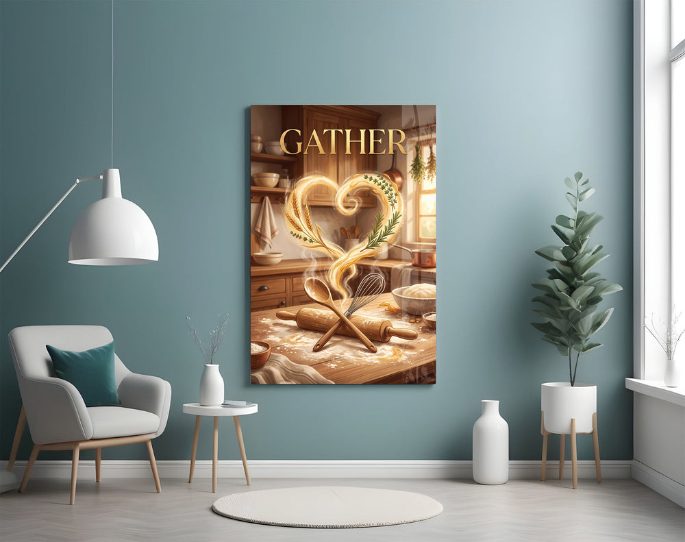 gather golden flour heart kitchen glass wall art styled above an armchair in a reading corner