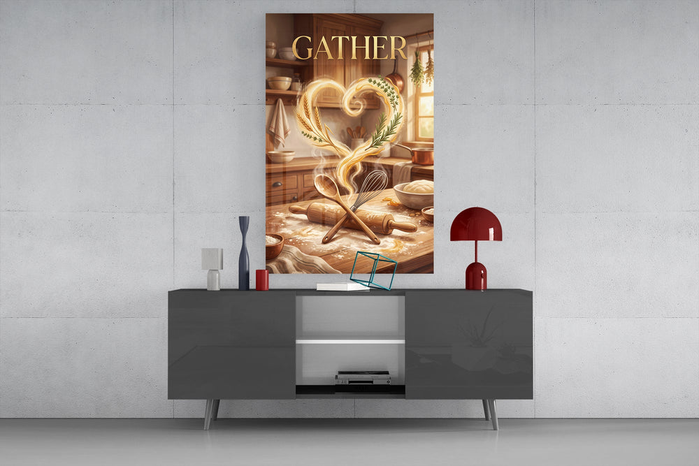 gather golden flour heart kitchen glass wall art displayed above a console in a designer interior