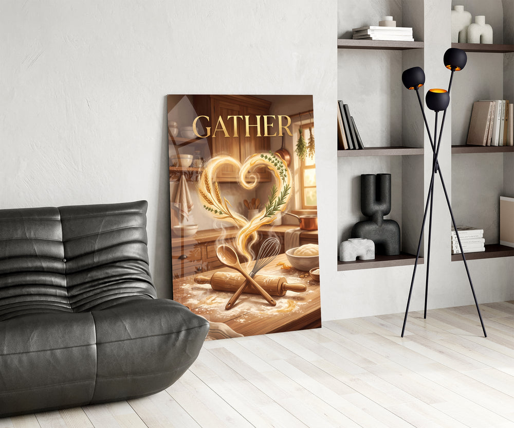 gather golden flour heart kitchen glass wall art leaning beside a dark leather sofa