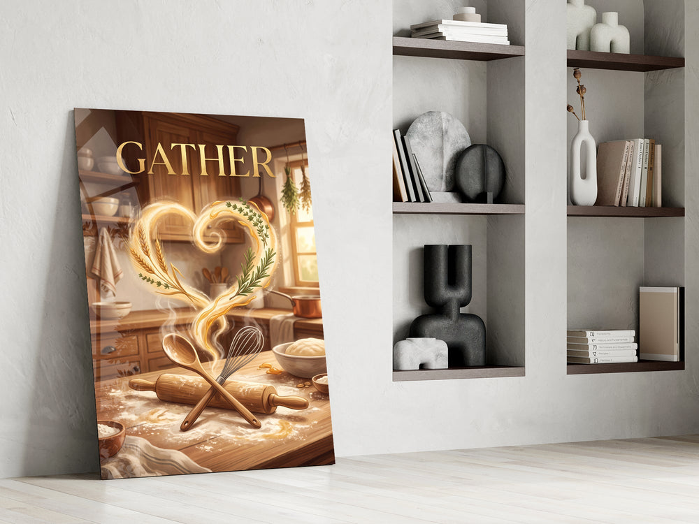 gather golden flour heart kitchen panel resting in a shelving niche in a modern interior