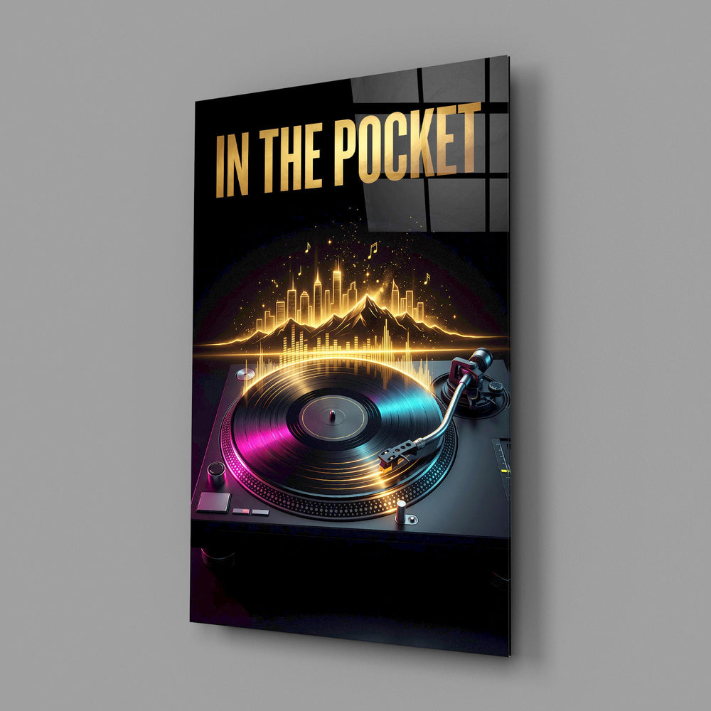 in the pocket golden turntable glass wall art angled to show the polished tempered glass panel