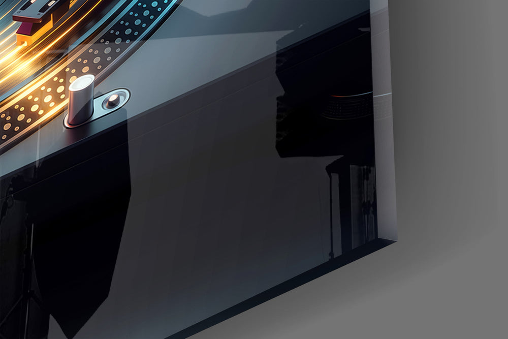 Close-up detail of the vinyl record spinning under a golden skyline equalizer on the glass surface