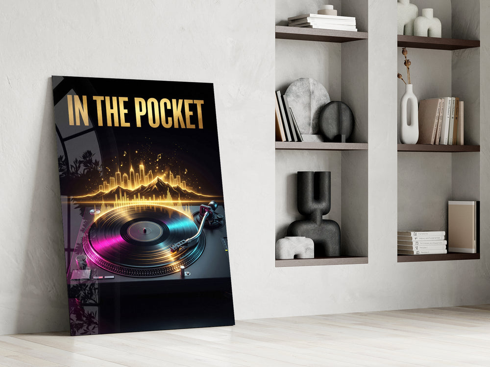 in the pocket golden turntable panel resting in a shelving niche in a modern interior