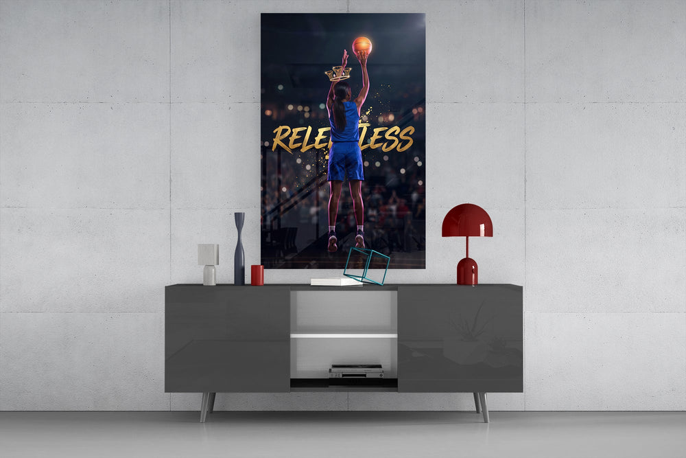 relentless basketball crown shot glass wall art displayed above a console in a designer interior