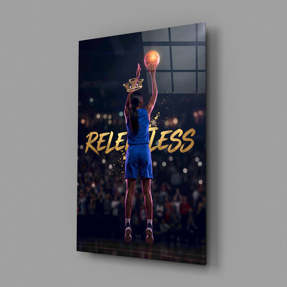 relentless basketball crown shot glass wall art angled to show the polished tempered glass panel