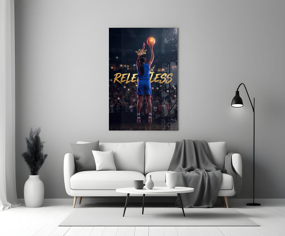 relentless basketball crown shot panel bringing character to a minimalist living room wall