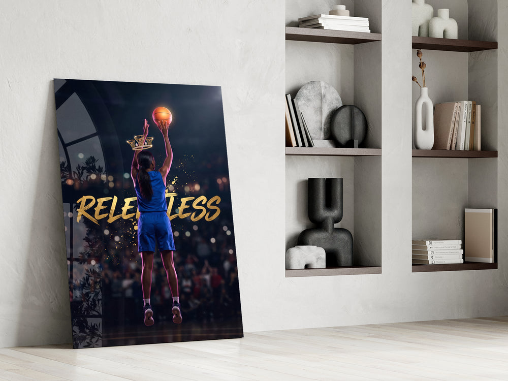relentless basketball crown shot panel resting in a shelving niche in a modern interior