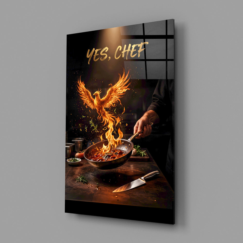 yes chef fire phoenix flaming pan glass wall art angled to show the polished tempered glass panel
