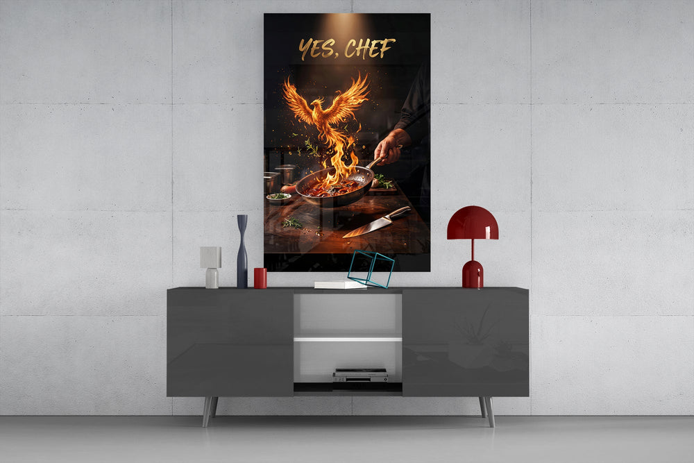 yes chef fire phoenix flaming pan glass wall art displayed above a console in a designer interior