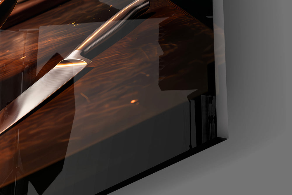 Close-up detail of the phoenix of flame rising from the burning skillet on the glass surface
