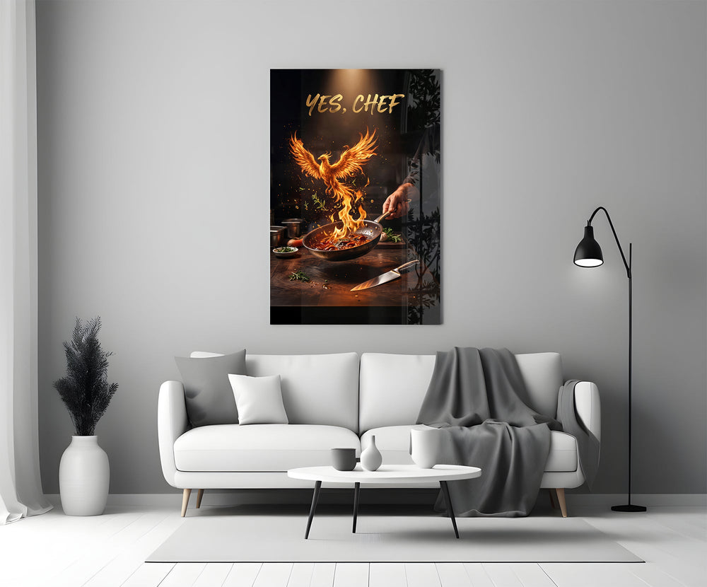 yes chef fire phoenix flaming pan panel bringing character to a minimalist living room wall