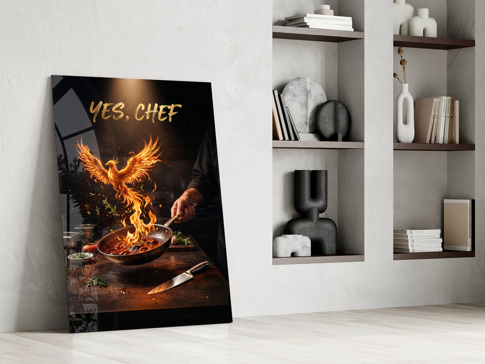 yes chef fire phoenix flaming pan panel resting in a shelving niche in a modern interior