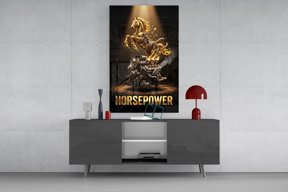 horsepower golden engine horse glass wall art displayed above a console in a designer interior