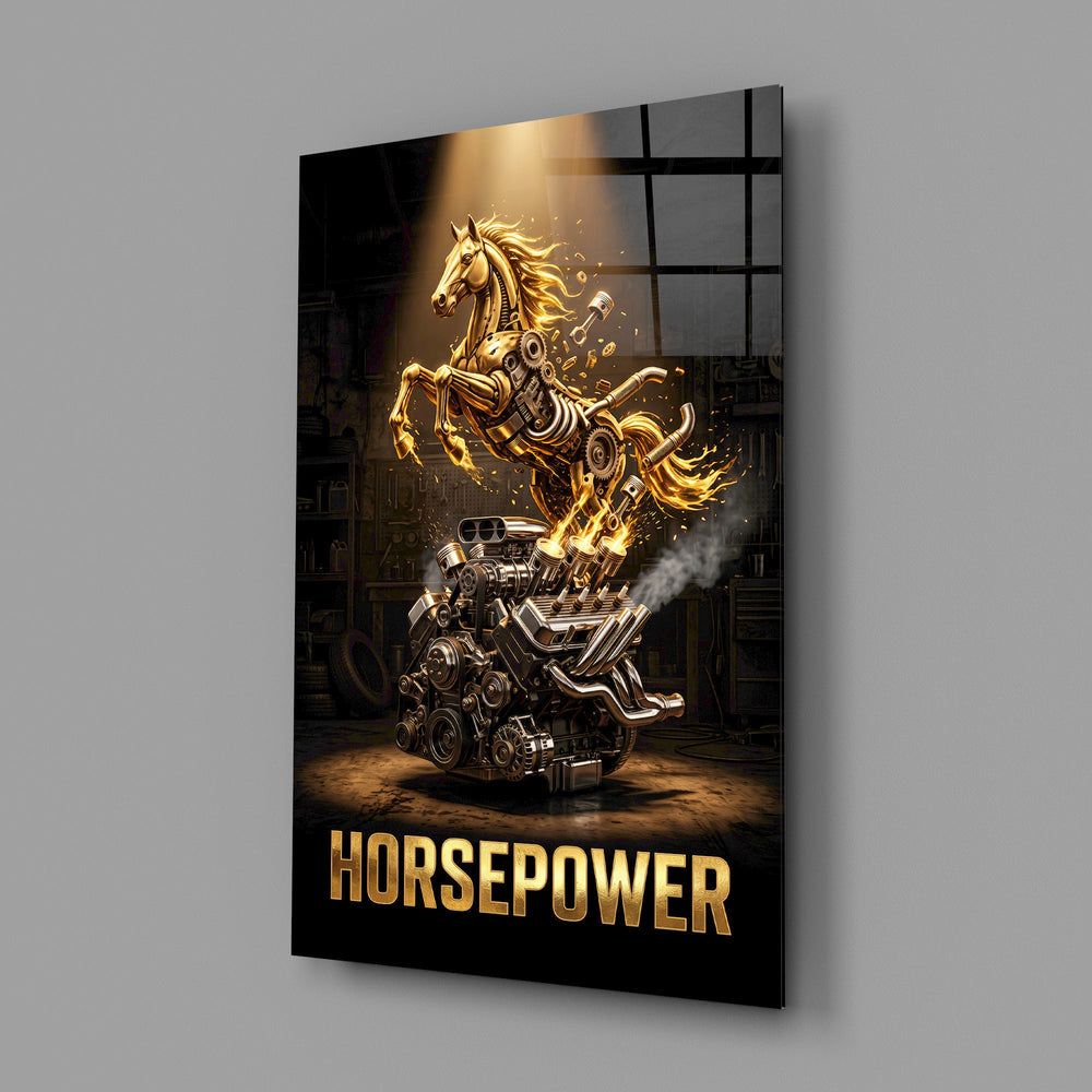 horsepower golden engine horse glass wall art angled to show the polished tempered glass panel