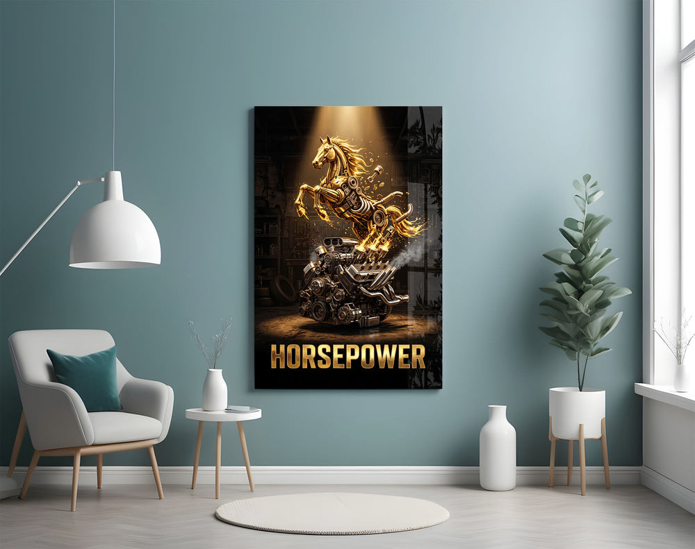 horsepower golden engine horse glass wall art styled above an armchair in a reading corner